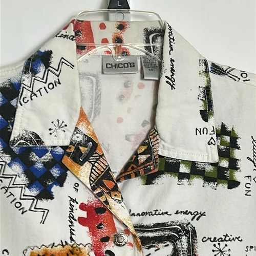Chico’s Women’s Size Small White Colorful Graphic Button-Up Denim Cotton Jacket - Picture 2 of 12