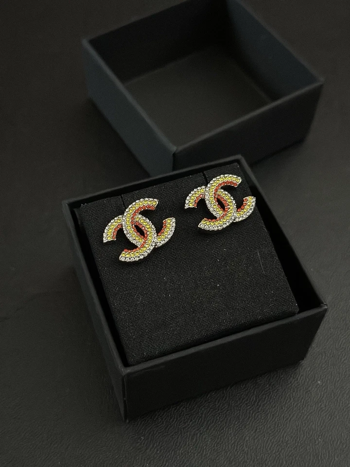 Chanel Multicolor Crystal CC Stud Earrings - Image 2 of 4