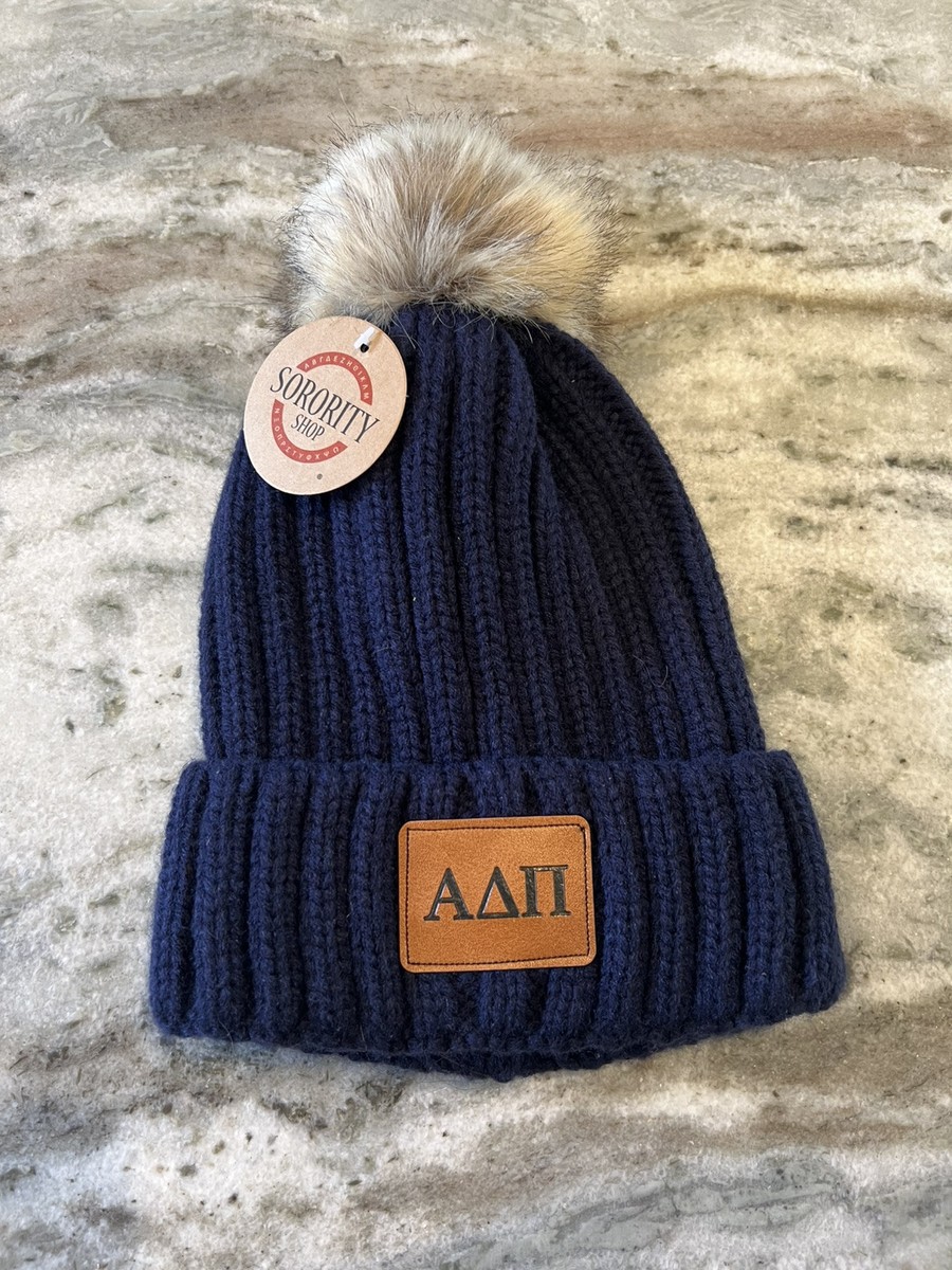 Alpha Delta Pi Sorority Blue Pom Pom Faux Fur Beanie Hat NWT