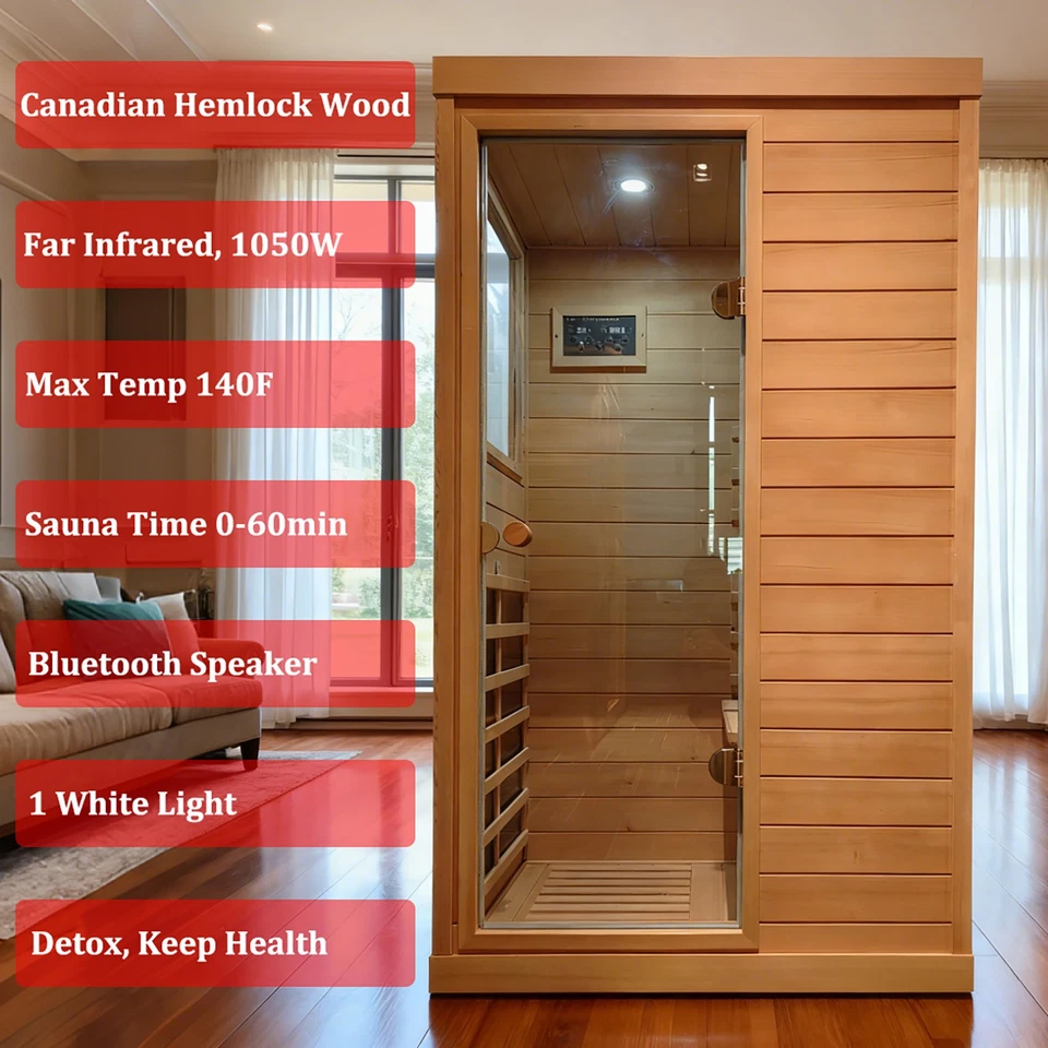 1050W 1Person Home Sauna Far Infrared Sauna Left Door Open Hemlock Wood Saunas - Image 4 of 4