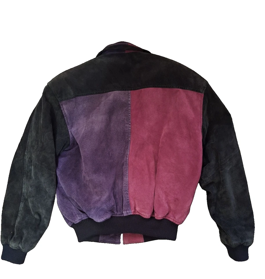 Chaqueta Bomber De Colección Años 80 Cuero Cayena Cuero Genuino Gamuza Talla Pequeña Bloque de Color Foto 2 de 4