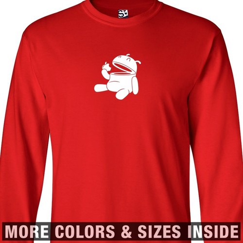 Fat Droid LONG SLEEVE T-Shirt Android Eats Apple Sucks Eating Bites Biting Mens - Picture 5 of 32