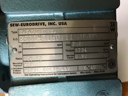 SEW-EURODRIVE DRS71S6,SAF47DRS71S6 GEARMOTOR .33HP 1100RPM 230YY/460Y CONT,AE - Picture 11 of 12