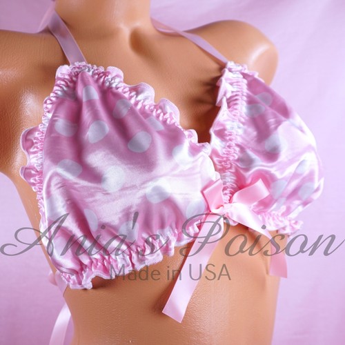 Sissy Satin silky smooth bra top Tie On triangle OS Unisex Polka Dot MANY COLORS - Picture 2 of 15
