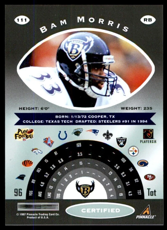 1997 Pinnacle Certified w/ Peel Off Bam Morris . Baltimore Ravens #111 - Image 2 of 2