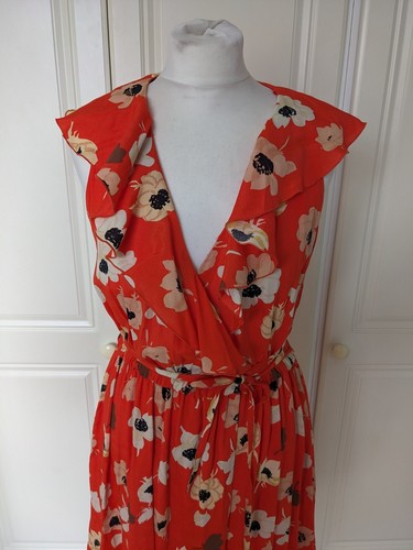 Zara Red Popy Flower Wrap Dress Ruffle V Neck Sleeveless Summer Medium - Picture 4 of 10