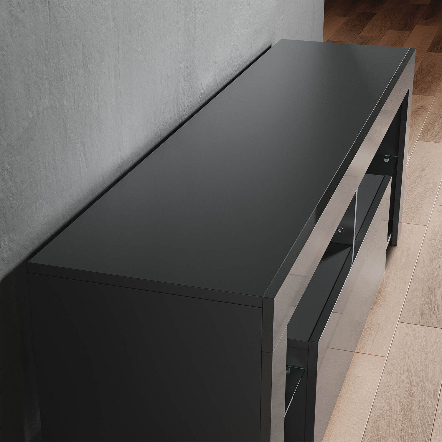 TV Lowboard Schrank Schwarz Hochglanz mit LED Beleuchtung mit Klapptür Glasregal