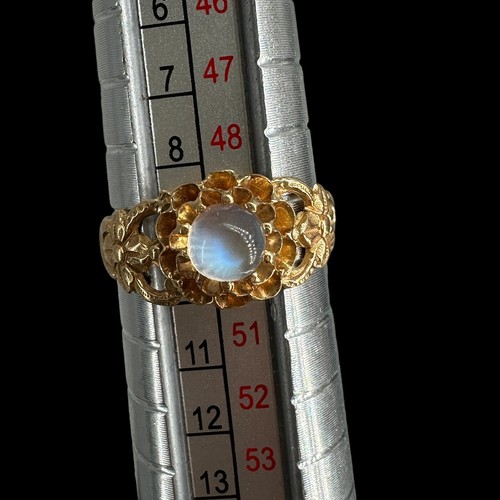 Anillo Victoriano Oro Amarillo 14k Floral Calado Cabujón Piedra Lunar 2.46 gr Talla 5 - Imagen 8 de 10