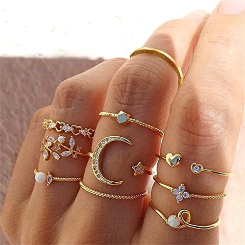 Boho Rings for Women Teen Girls,Gold Stacking Rings Set Stackable Knuckle Moon S - Picture 2 of 7