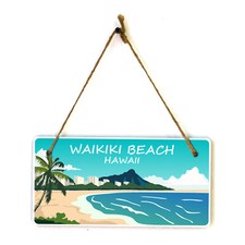 Waikiki Beach, Hawaii 5x10 Hanging Plus Wall or Door Sign  Rustic Twine