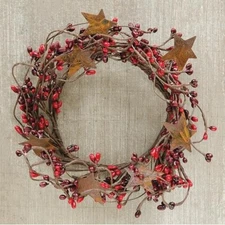 NEW Primitive Berry Wreath Candle Ring Rusty Stars 4" RED BURGUNDY Pips