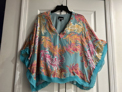 Analili Kimono-Top Seide tropisches Blatt ~ gefüttert ~ aqua/rosa/orange ~ Größe XS/S