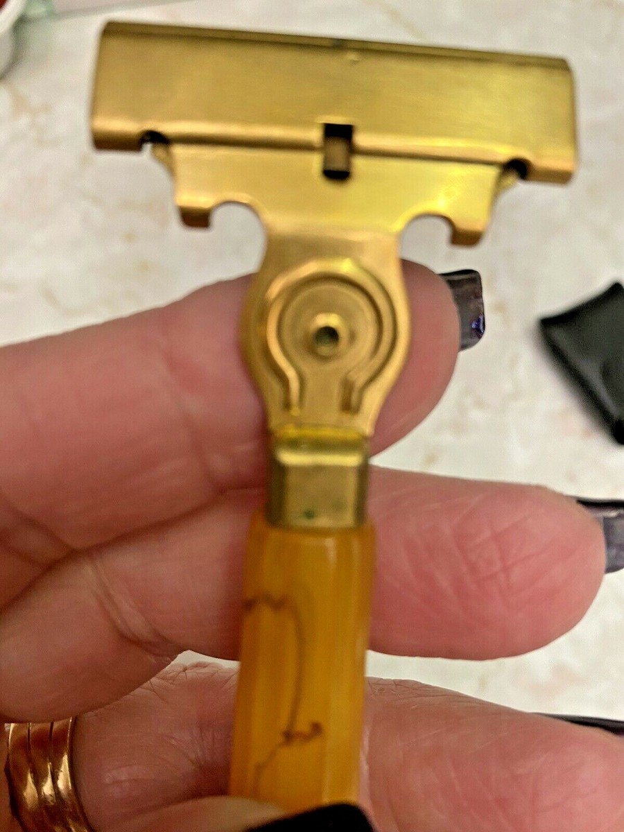 Vintage SCHICK INJECTOR RAZOR Gold Colored Metal Bakelite Handle