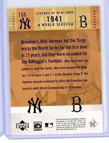2001 Upper Deck Legends of New York #155 Joe DiMaggio / Billy Herman - HOF MINT - Picture 2 of 2