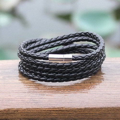Bracciali Punk Unisex Donna Uomo Pelle Intrecciata Acciaio Chiusura Magnetica Fatti a Mano - Foto 16 di 22