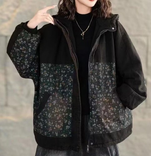 Retro Womens Short Coat Zipper Hooded Floral Jacket New Cotton Outwear Parka - Picture 23 of 24