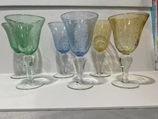 6-Wine Goblets Glasses Large with Bubbles Handblown Glass Stemmed Goblet