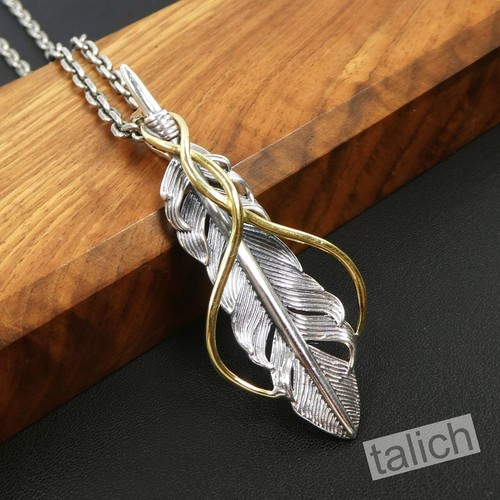 925 Sterling Silver Detailed Feather Pendant with Shiny Brass Ribbon Unique Gift - Picture 9 of 11