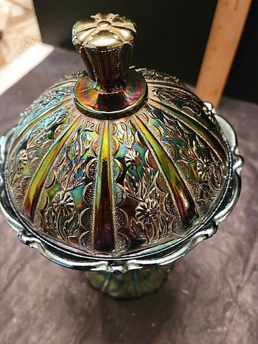 FENTON IRIDESCENT RED COMPOTE PEDESTAL CANDY DISH WITH LID - Picture 3 of 7