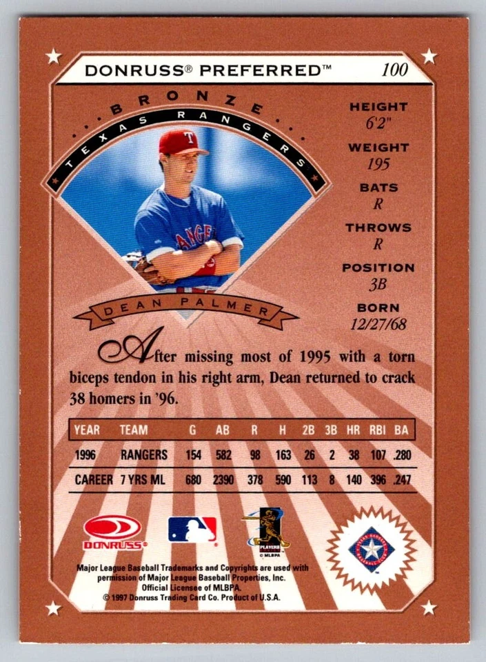 1997 Donruss Preferred - Bronze Dean Palmer #100 - Image 2 of 2