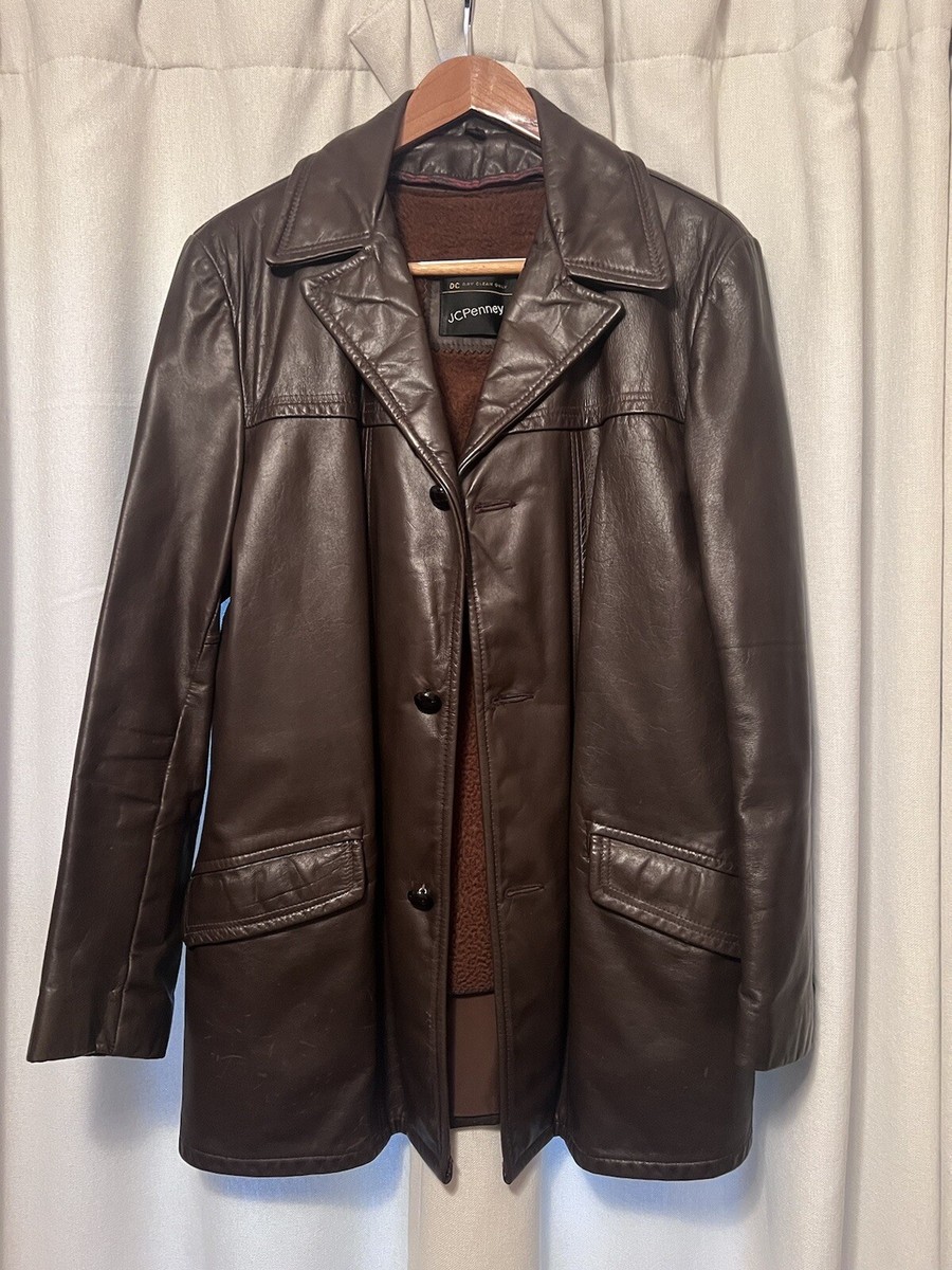 Vintage Leather Jacket Mens 40L Brown Fleece Zip Liner 70s Vintage Leather Jacket Mens 40L Brown Fleece Zip Liner 70s
