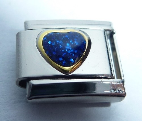 BLUE GLITTER LOVE HEART Italian Charm - 9mm fits Classic Starter Bracelets N485 - Picture 2 of 4