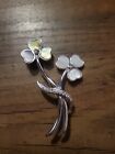 2" Long Flower Brooch Pin Beautiful Silvertone White Green Abalone Shell