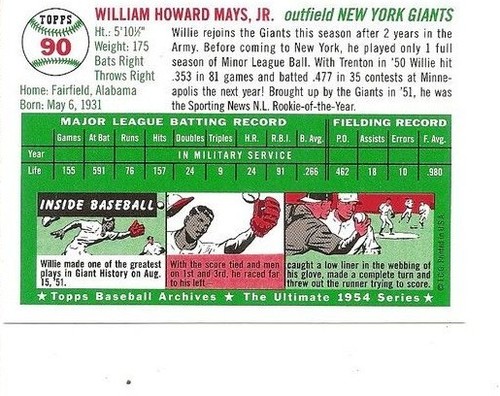 WILLIE MAYS 1954 TOPPS #90 GOLD PARALLEL 1994 TOPPS REPRINT SF GIANTS GREAT NM - Picture 2 of 2