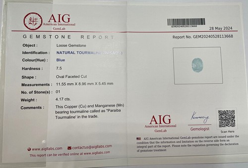 4,17 ct CERTIFICADO AIG CORTE OVALADO (12 X 9 MM) COJINETE DE COBRE TURMALINA PARAIBA - Imagen 3 de 3