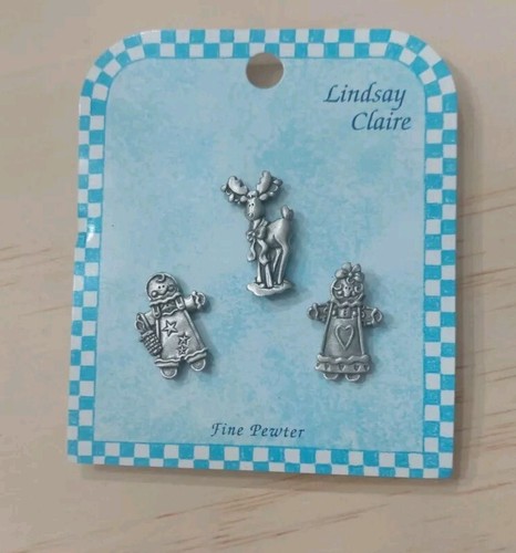VINTAGE LINDSAY CLAIRE PEWTER CHRISTMAS PINS CARDED - Picture 1 of 5
