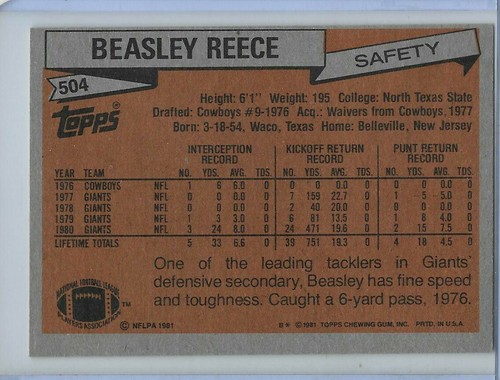 1981 Topps #504 Beasley Reece New York Giants - Imagen 2 de 2