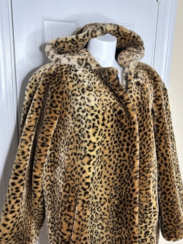 Dennis Basso  ZIP front  Faux Leopard Fur Hooded Coat  Knee Length  Large - Picture 3 of 6