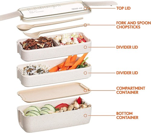 Triple Layered Bento Style Box Eco-Friendly Lunch Set With Cutlery 3 Colours - Picture 11 of 27