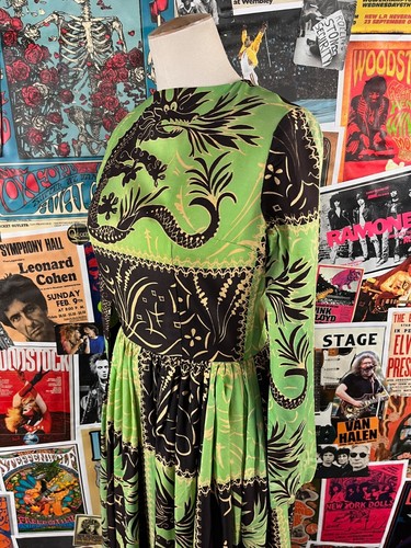 Vtg 60s Green Asian Dragon Novelty Print Hostess Maxi Dress Scarf 2XS Retro - Picture 10 of 21