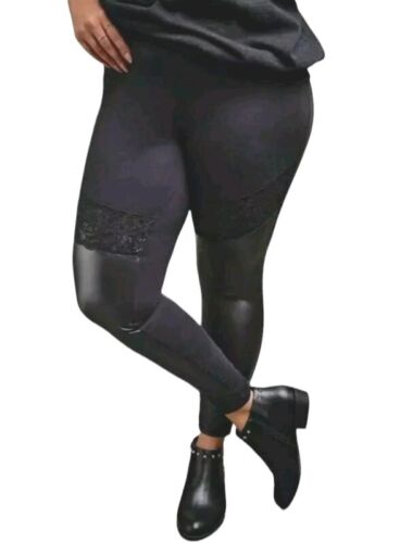 Torrid Platinum Leggings Woman 2X PU Faux Leather Lace Floral Inserts Black NWT - Afbeelding 1 van 9