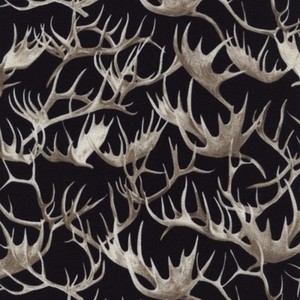 Timeless Treasures YARD Nature Cabin Moose Antlers on Black Animal Fabric