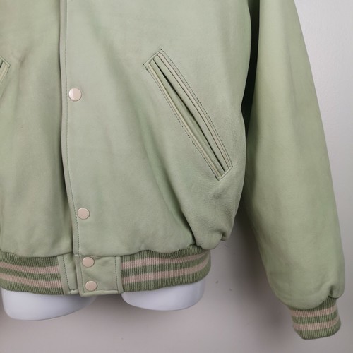 Vintage 1980s Chevignon Nubuck Leather Bomber Jacket Men's L Light Pastel Green - Picture 5 of 10