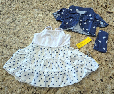 Shein Baby Girl 3pc Heart Pattern Coat Casual Strap Dress Blue White size 6-9 mo