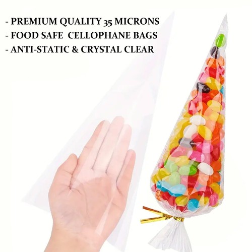 Clear Cellophane Cone Sweet Bags Cello Candy Birthday Kid Party Favor Gift Treat - Picture 3 of 6