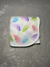 Vintage 100% Acrylique Baby Blanket Colorful Foot Prints White Satin Trim Lovey