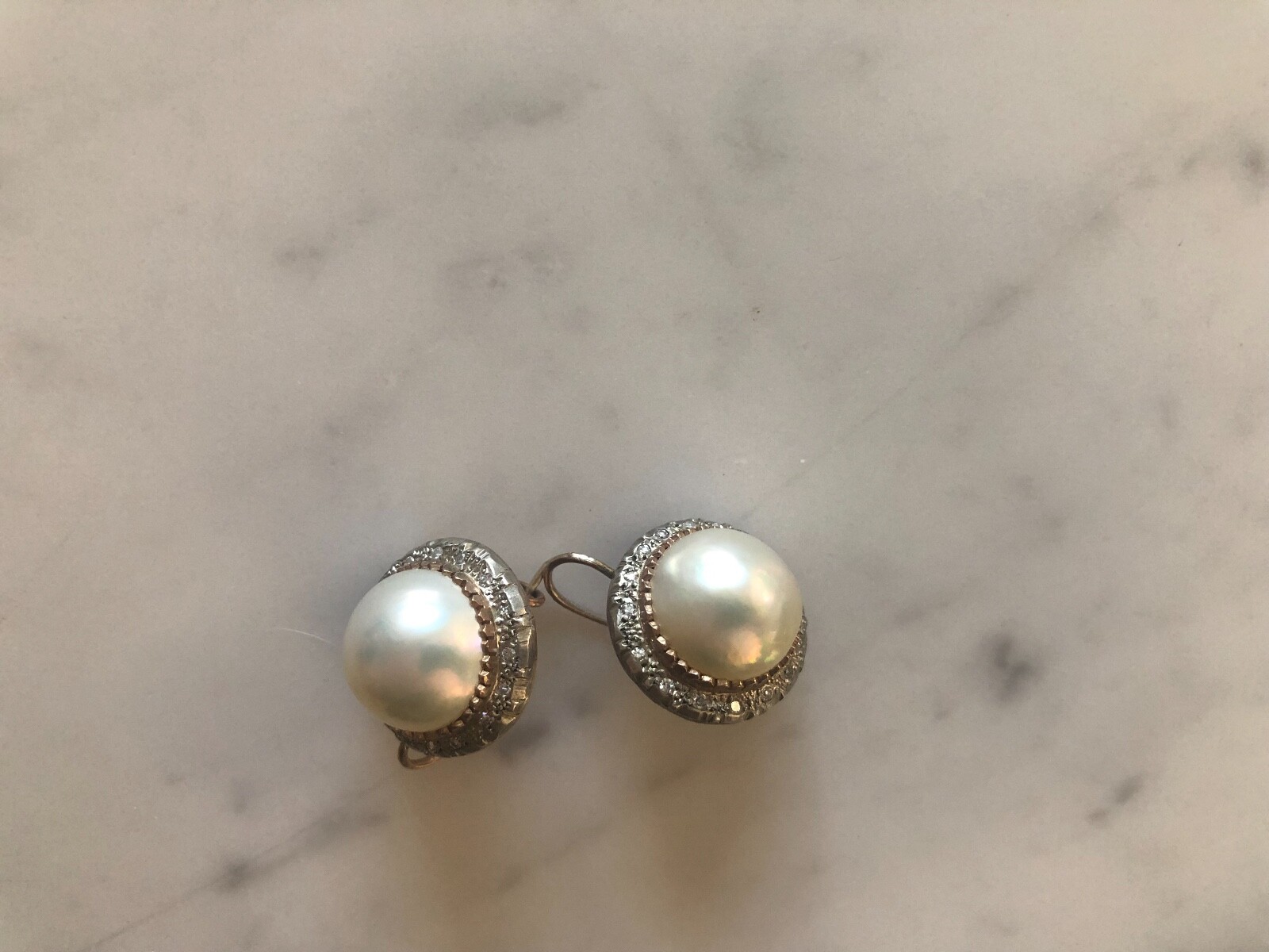 Large Mabe Pearl and White Faceted Stone Mixed metal Earrings Large Mabe Pearl and White Faceted Stone Mixed metal Earrings