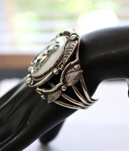 Black Apache Gaan Dancer Zuni signed Sterling & gem inlay Cuff 6 3/8" wearable - Picture 5 of 10