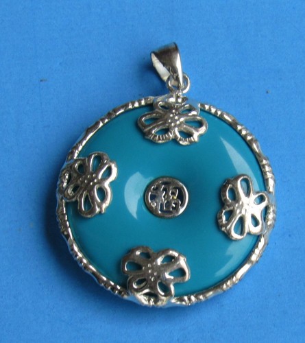 Sterling Silver Chinese Symbol Fu Blue Jade Disc Pendant - Picture 1 of 3
