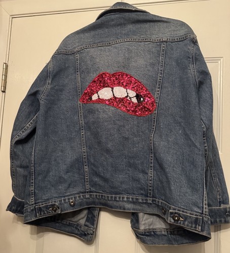 Sneakpeek Denim Jacket, Sequin & Embroidered Patches, Distressed, Large - Picture 9 of 11