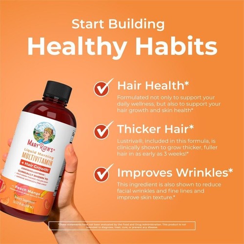 3X Mary Ruth’s Multivitamínico Líquido Orgánico Matutino + Crecimiento del Cabello 30oz Melocotón EE. UU. - Imagen 4 de 12