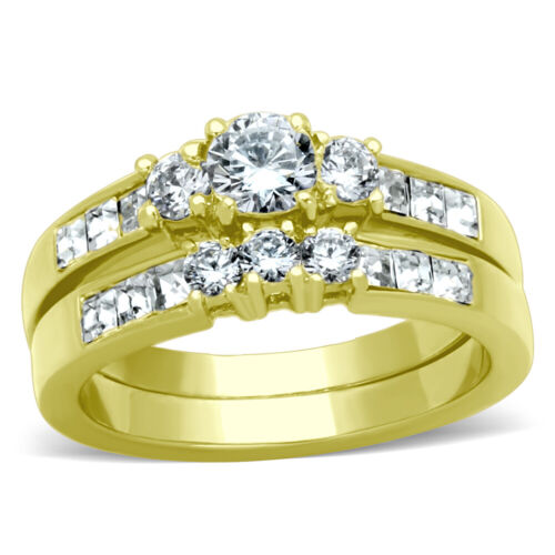 3 PC Couple Ring Set Womens Stainless Steel Wedding Ring Mens CZ all around Band - Picture 11 of 33