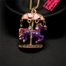 Fashion Women Purple Enamel Cute Carousel Crystal Lady Sweater Chain Necklace