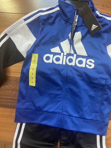 Adidas Kids Two Piece Tricot Jacket Pant Set Boys Size 5 Blue Black White NEW - Picture 2 of 11