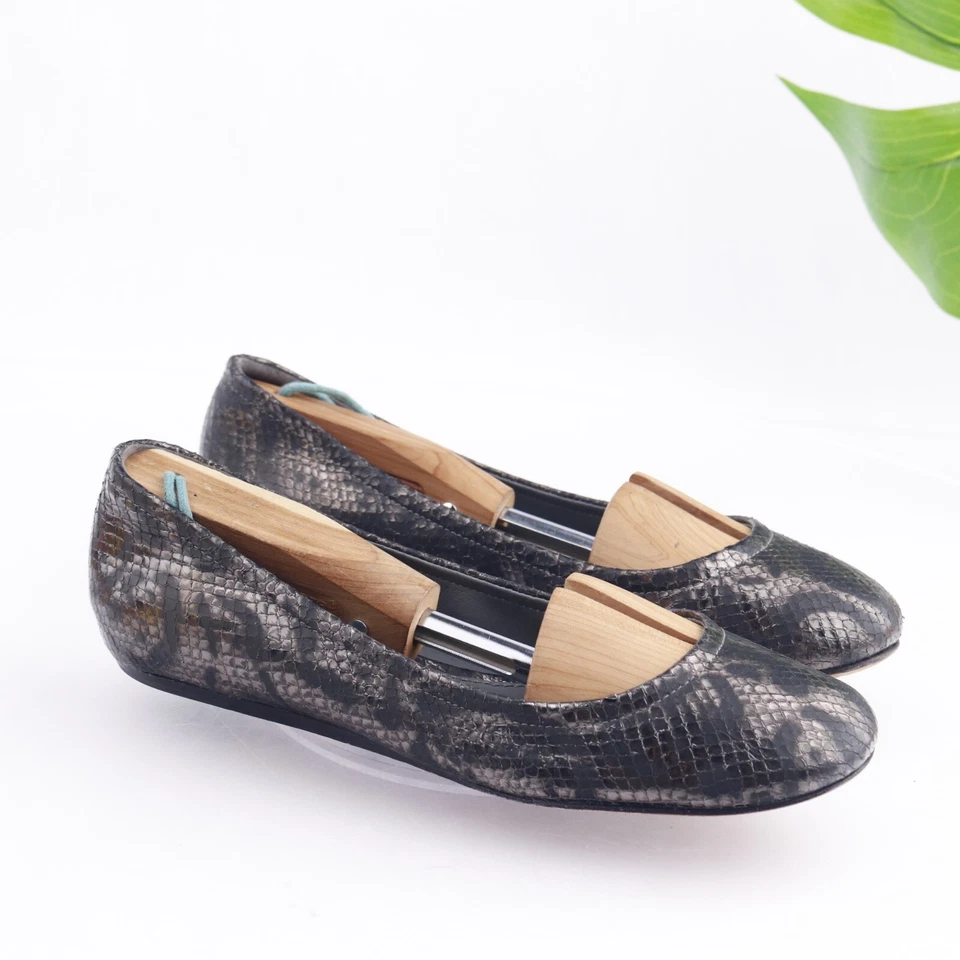 Zapato Vera Wang Mujer Ballet Plano Talla 7 Gris Metálico Cuero Negro Piel de Serpiente Foto 3 de 4