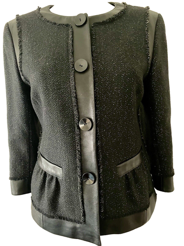 Chaqueta Blazer/Acentos de Cuero Lafayette 148 New York Negra Lana Brillante Talla 8 - Imagen 3 de 15
